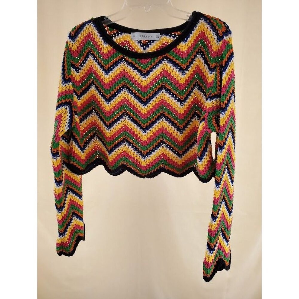 Zara Colorful Crochet Cropped Sweater Small Multicolor Chevron Pattern Long Slv